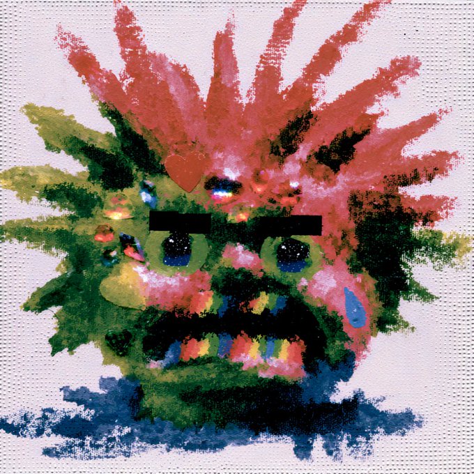 A child's colorful painted artwork of a monster-like face with spiky red and green hair, a black rectangular censor bar over the eyes, and a blue mustache on a textured canvas.