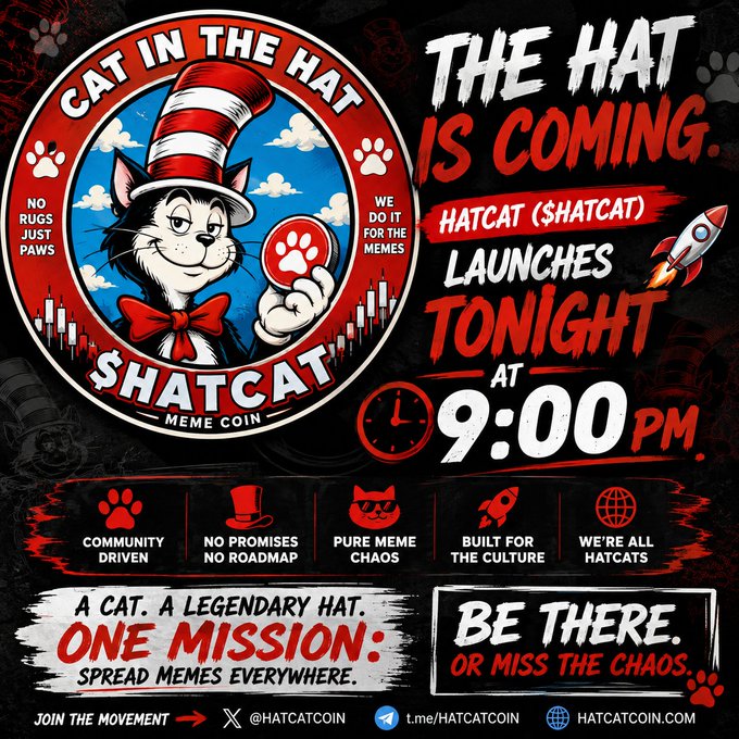 A promotional graphic for 'HATCAT ($HATCAT)' meme coin featuring a cat in a striped hat, announcing a launch at 9:00 PM with the text 'THE HAT IS COMING' and 'NO PROMISES NO ROADMAP'.