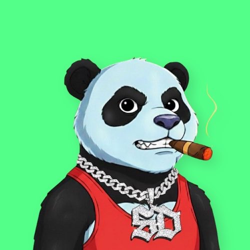 A digital illustration of an anthropomorphic panda wearing a red tank top, diamond 'SD' chain, and smoking a cigar with a serious expression, set against a green background.