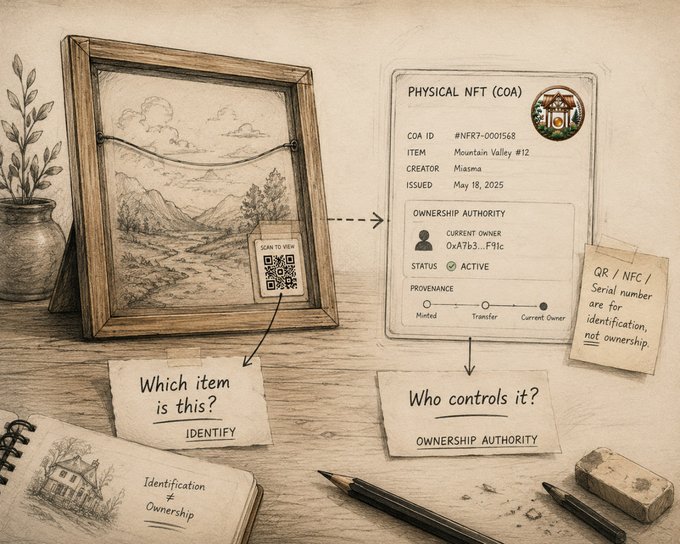 A sketch-style illustration explaining a 'PHYSICAL NFT (COA)' for an item called 'Mountain Valley #12', created by Masma, showing identification and ownership authority details.