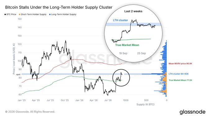A Glassnode chart shows Bitcoin's price stalling below the long-term holder (LTH) supply cluster of $84K–$85K, where the largest concentration of LTH coins sits, while the Mean MVRV price is at $86.9K and the True Market Mean at $77.2K, with an inset zoom highlighting BTC's recent consolidation between 19 and 25 Sep.