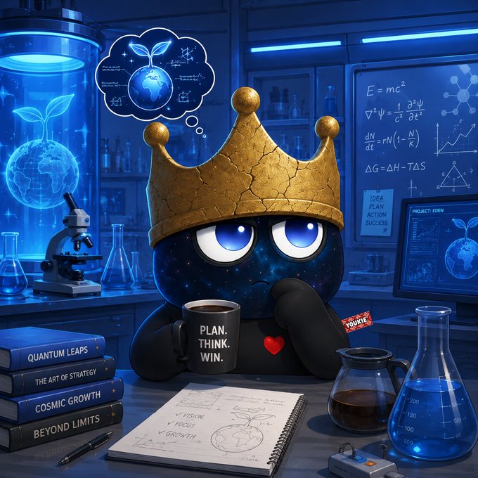 A cartoonish cosmic figure wearing a golden cracked crown and holding a mug that reads "PLAN. THINK. WIN." sits in a blueprint-flooded lab with science equations and an Earth-in-a-flask, visually matching the motivational Monday mindset of "plan, think, win your mindshare," while a small "YOUKIE" tag near the figure nods to the post's GM greeting.