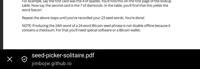 The image shows a snippet from a "seed-picker-solitaire.pdf" hosted on jimbojw.github.io, explaining how to generate a 24-word Bitcoin seed phrase using playing cards, with a note that creating the final 24th word requires software because it contains a checksum—supporting the post's point that the method relies on a device.