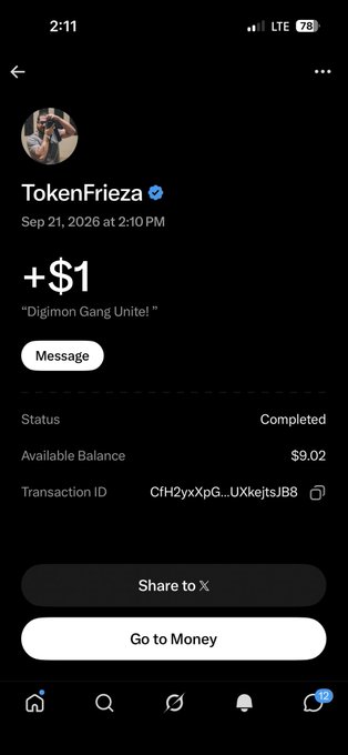 A screenshot of a Twitter/X transaction confirmation from user TokenFrieza showing a +$1 payment with status 'Completed' and available balance of $9.02.