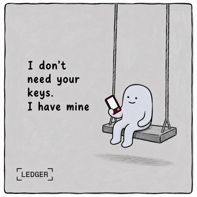 A black-and-white Ledger advertisement illustration featuring a ghost-like character on a swing holding a device, with the text 'I don't need your keys. I have mine' and the [LEDGER] logo.
