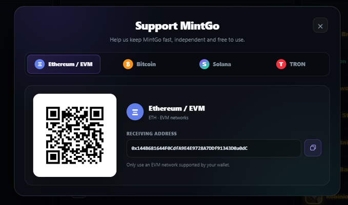 A 'Support MintGo' donation page displaying a QR code and an Ethereum receiving address '0x1448681644F0CdfA9F4E972BA7DD0F91343D0a0C' with options for Bitcoin, Solana, and TRON.