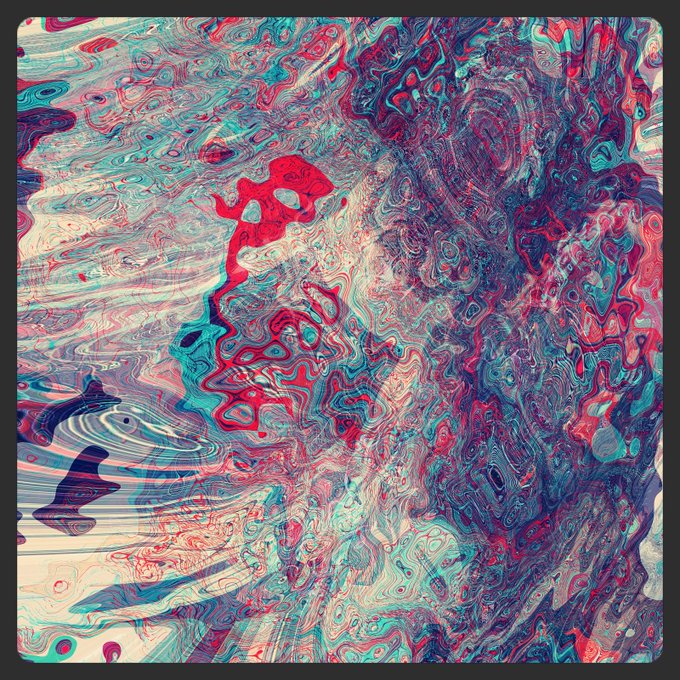 An abstract, psychedelic digital artwork featuring swirling patterns and fluid shapes in vibrant shades of red, blue, teal, and cream.