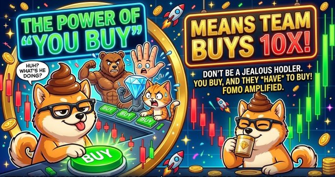 Cartoon-style crypto meme with doge characters promoting 1win with text: 'THE POWER OF "YOU BUY"', 'MEANS TEAM BUYS 10X!', and 'FOMO AMPLIFIED.'