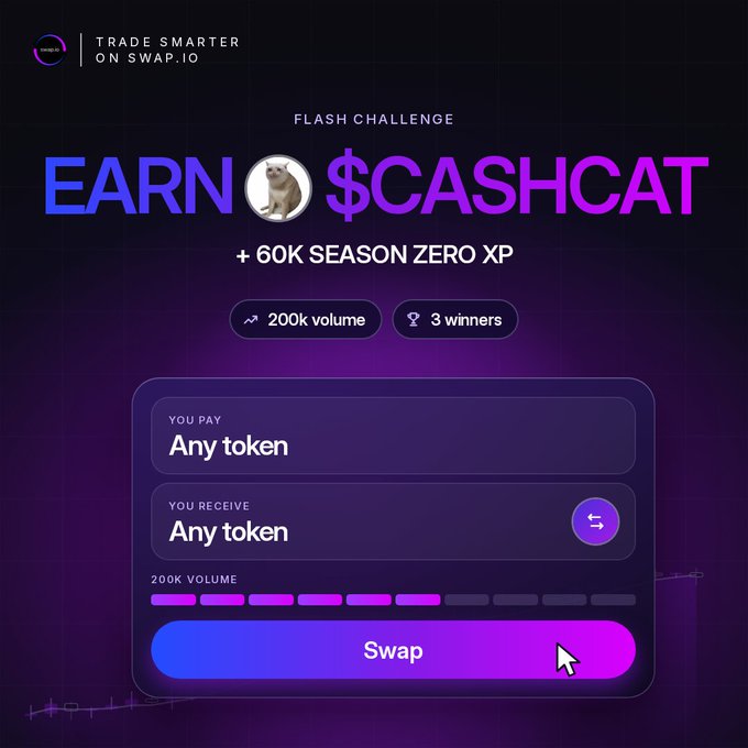 A promotional graphic for a 'FLASH CHALLENGE' on SWAP.IO titled 'EARN 🐱 $CASHCAT + 60K SEASON ZERO XP', with requirements of 200k volume and 3 winners, featuring a token swap interface.