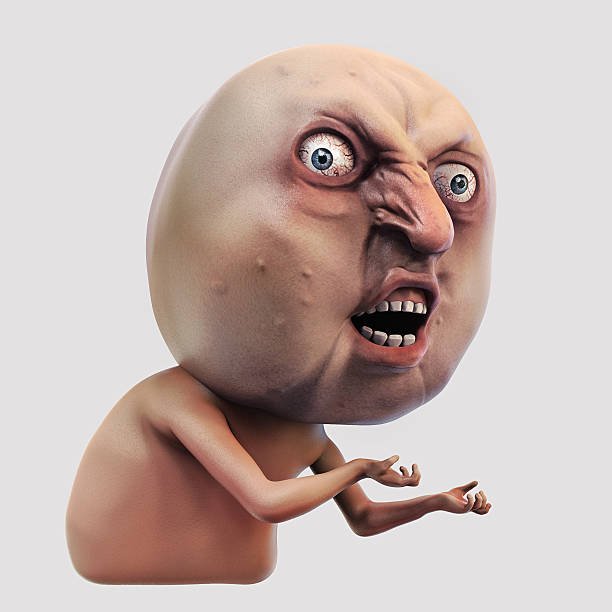A 3D rendered grotesque character with a massive bald head, wide bloodshot eyes, and a large mouth, shown with a small hunched body and gesturing hands.