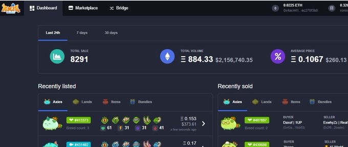 The image shows a screenshot of a website called "axieinfinity" with a focus on the "Axie Infinity" section. The main content displayed includes a list of items for sale, along with their prices. There are also some descriptions provided about the items and their prices. The post in question is about a product named "@axieInfinity", which was selling for $2,000,000 per day back in 2012. This information can be found at the bottom right corner of the image.