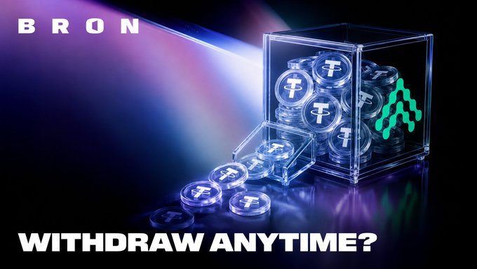 A promotional graphic labeled 'BRON' with the text 'WITHDRAW ANYTIME?' alongside a 3D render of cryptocurrency coins in a transparent cube.