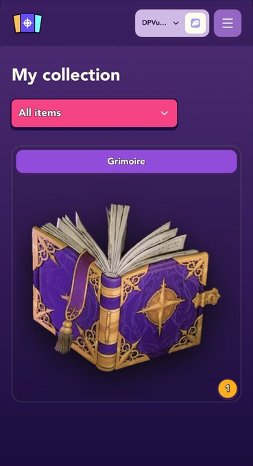A mobile app screenshot showing 'My collection' with a single item labeled 'Grimoire' - an ornate purple and gold book with a star emblem.
