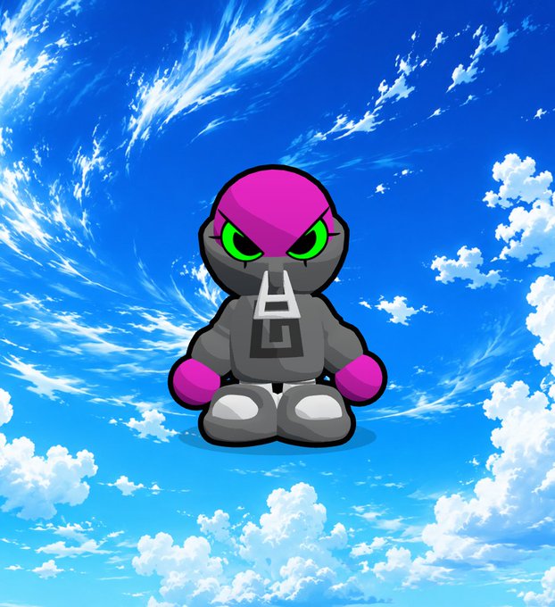 A cartoon-style character with a purple helmet, green eyes, grey body, and pink gloves floats against a bright blue sky with white clouds.