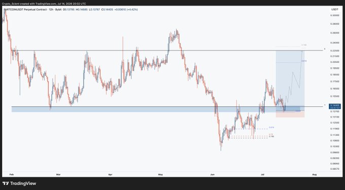 A 12-hour TradingView chart of FARTCOINUSDT perpetual contract on Binance shows the token sweeping its local lows near $0.13650 before bouncing approximately 5% to current price of $0.13795, with Fibonacci retracement levels (0.5, 0.618, 0.786) marked around the recent swing low, visually confirming the post's description of a clean low sweep followed by a bounce that hit take-profit levels.
