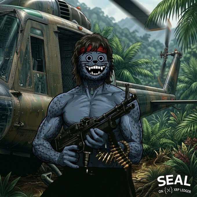 An illustrated blue-skinned muscular character wearing a red headband and holding a rifle with ammunition belt, standing in a jungle with a military helicopter behind, labeled 'SEAL ON XRP LEDGER' in the corner.
