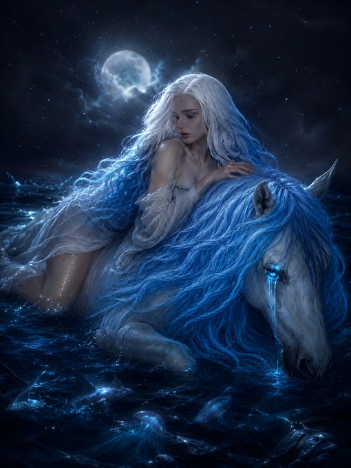 A fantasy digital artwork of a white-haired woman embracing a white horse with flowing blue mane while floating in moonlit water.