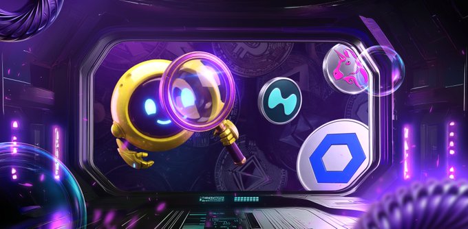 A glowing purple chamber frames a cute yellow mascot character peering through a magnifying glass at floating DeFi token icons—including a blue decentralized exchange (DEX) logo—symbolizing close inspection of cryptocurrencies. The scene visually reinforces the article's theme of researching and evaluating DeFi tokens in 2026.