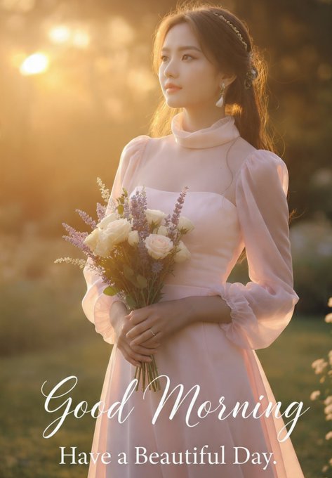 A greeting card showing a young woman in a pink dress holding a bouquet of flowers, with the text 'Good Morning Have a Beautiful Day.'