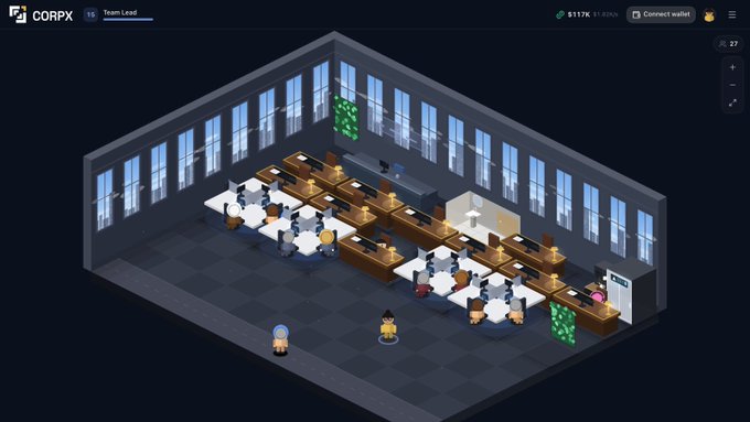 A screenshot from a game called 'CORPX' showing an isometric view of a virtual office space with desks, computers, and small avatar characters, with a 'Team Lead' label and 'Connect wallet' button visible.