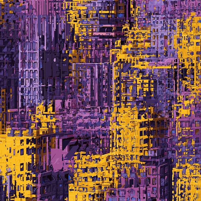 An abstract, pixelated digital artwork featuring a chaotic mix of yellow, purple, and pink blocky structures resembling a futuristic city.