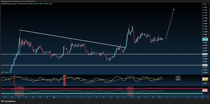 A candlestick chart displays the DOGE/USD trading pair on TradingView's 2-hour timeframe, showing price action around the 0.094604 level with a descending trendline, an RSI indicator, and a recent sharp upward spike marked by an arrow—visually capturing the volatile, headline-grabbing nature of Dogecoin that the post humorously alludes to.