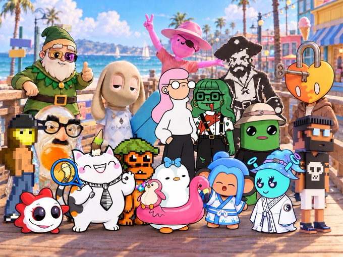 A colorful illustration featuring a diverse group of cartoon characters, including an elf, pirates, a cat, and various other stylized figures, gathered together at a seaside boardwalk.