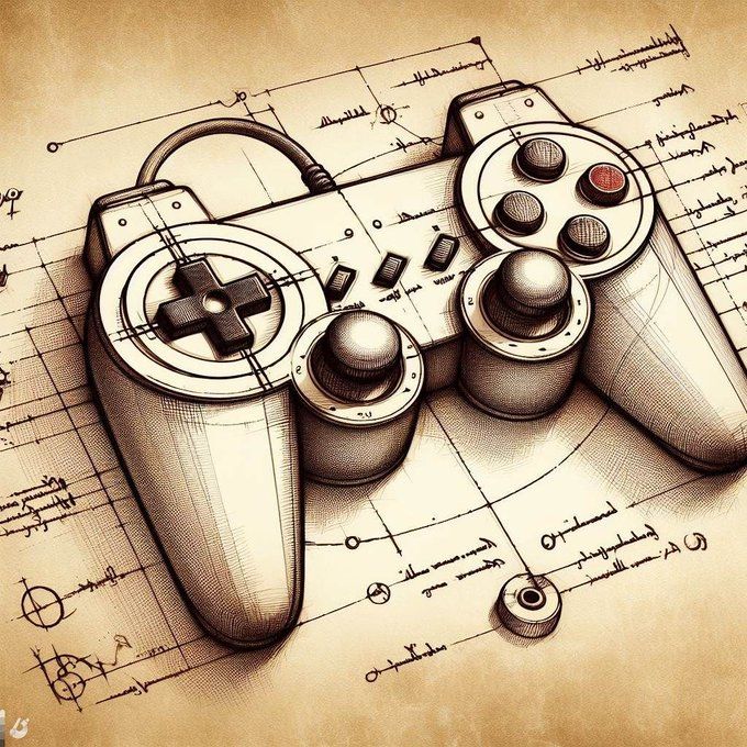 Sepia-toned technical sketch/artwork of a video game controller drawn on aged paper with handwritten notes and design annotations.