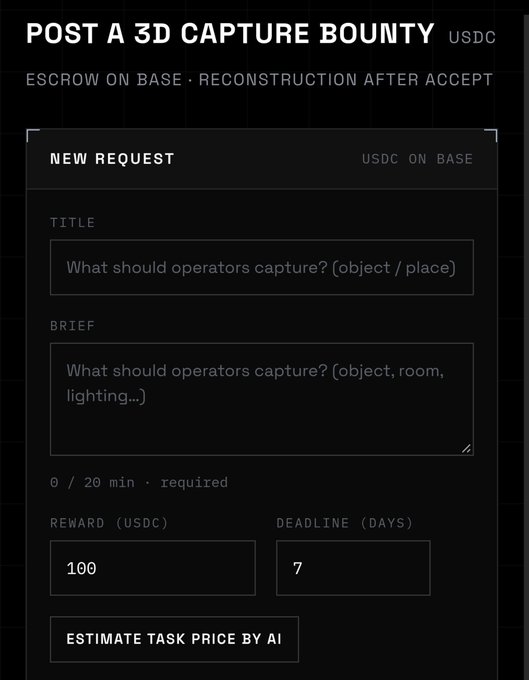 A dark-themed interface for posting a '3D CAPTURE BOUNTY' in USDC, featuring form fields for Title, Brief, Reward (100), and Deadline (7 days), with an 'ESTIMATE TASK PRICE BY AI' button.