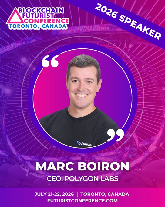 The image features a man with short hair wearing a black shirt smiling at the camera while standing next to a large circle of purple and pink colors. The background includes text that reads "Speaker Spotlight Excited to welcome @0xMarcB, CEO of @0xPolygon labs", indicating that Marc Bion is the speaker for this event.