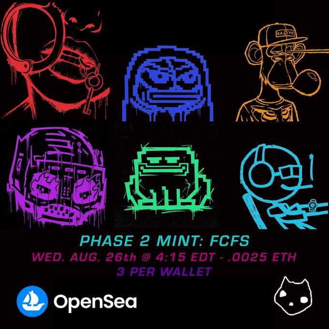 A promotional graphic for the "LQC Phase 2 Mint: FCFS" on Wednesday, August 26th at 4:15 EDT for 0.0025 ETH (3 per wallet), featuring six neon-colored, graffiti-style illustrations of cats, characters, and helmets in red, blue, orange, magenta, green, and cyan, with the OpenSea logo at the bottom. The post humorously announces this as a "low quality cat" NFT mint referencing Bored Ape Yacht Club and CrypToadz, matching the playful, crude art style shown in the image.