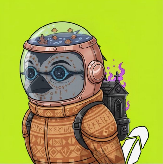 A cartoon illustration of a bird-like creature wearing a vintage copper diving helmet filled with water and fish on top, dressed in an orange patterned sweater with runes, carrying a small gothic coffin on its back with purple flames, set against a bright green background.