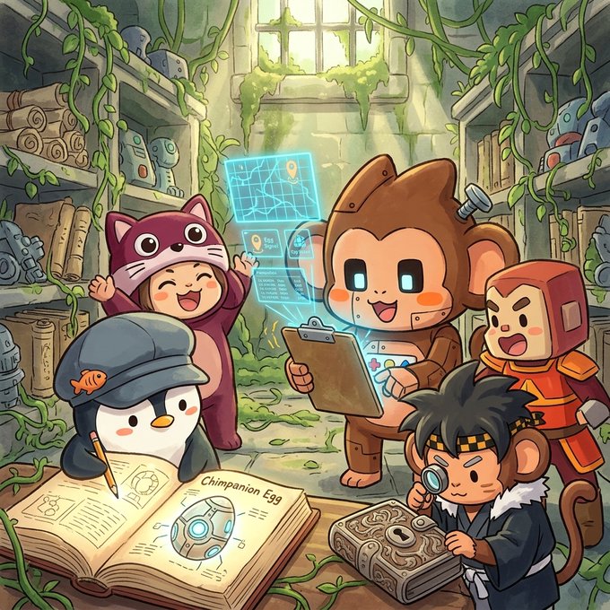 A colorful digital illustration of cartoon characters including a penguin, a cat, a monkey, and others gathered in a vine-covered library studying a book titled "Chimpanion Egg" and a holographic display.