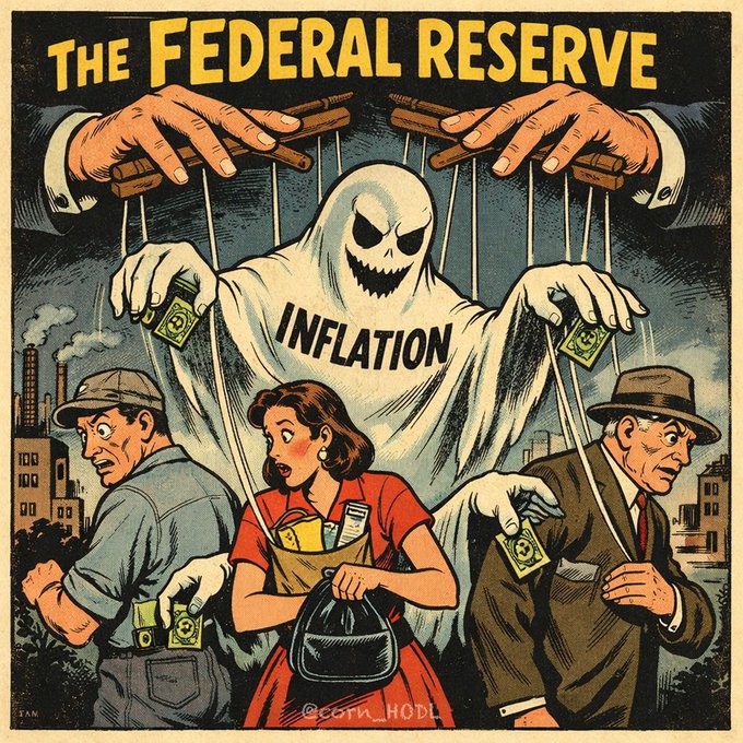 A vintage-style political illustration titled 'The FEDERAL RESERVE' depicting a ghostly figure labeled 'INFLATION' as a puppeteer controlling workers and a shopper with money, watermarked '@corn_HODL'.