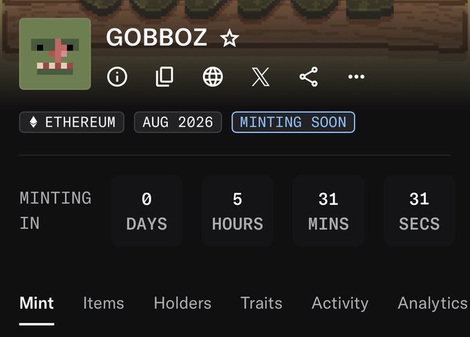 The image shows a minting countdown page for "GOBBOZ," an Ethereum NFT collection with minting beginning in August 2026, currently displaying 0 days, 5 hours, 31 minutes, and 31 seconds until launch. This aligns with the post asking followers which NFT they'll be minting today, highlighting GOBBOZ alongside 9toDino as featured options.