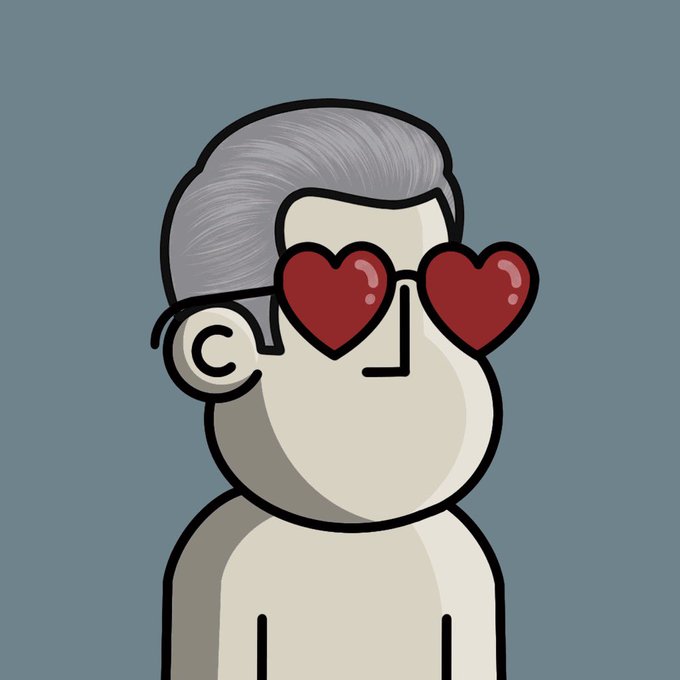 A cartoon-style illustration of a man with gray hair and a mustache wearing large red heart-shaped sunglasses against a blue-gray background, with a small 'C' logo on his ear.