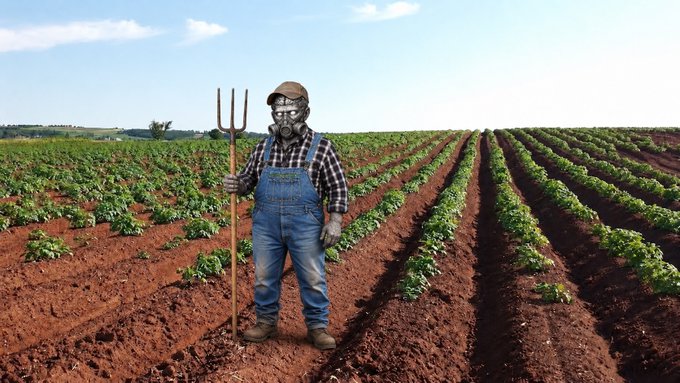 A farmer wearing a plaid shirt and denim overalls stands holding a pitchfork in a field with neat rows of crops stretching into the distance.