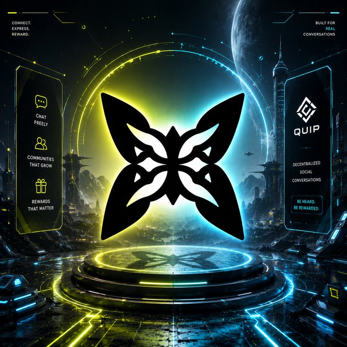 A promotional graphic featuring the black butterfly logo for 'QUIP', with text highlighting 'CHAT FREELY', 'COMMUNITIES THAT GROW', 'REWARDS THAT MATTER', and 'DECENTRALIZED SOCIAL CONVERSATIONS' set against a sci-fi cityscape background.