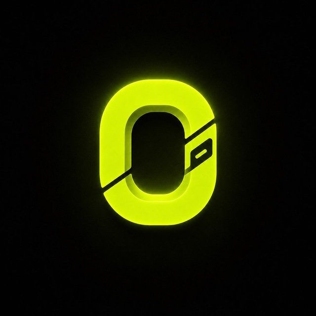 A glowing neon green number '0' logo stylized as an oval with a diagonal slash and small detail on a black background.