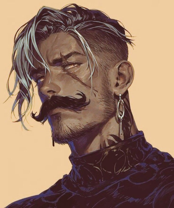 A digital portrait illustration of a man with a scar across his face, sporting long silver-streaked hair, a mustache, and a dark high-collared outfit with an earring.