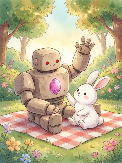 A friendly stone golem with a glowing purple crystal on its chest waves hello to an adorable white bunny, both sitting together on a red-and-white checkered picnic blanket in a sunny, flower-filled meadow.