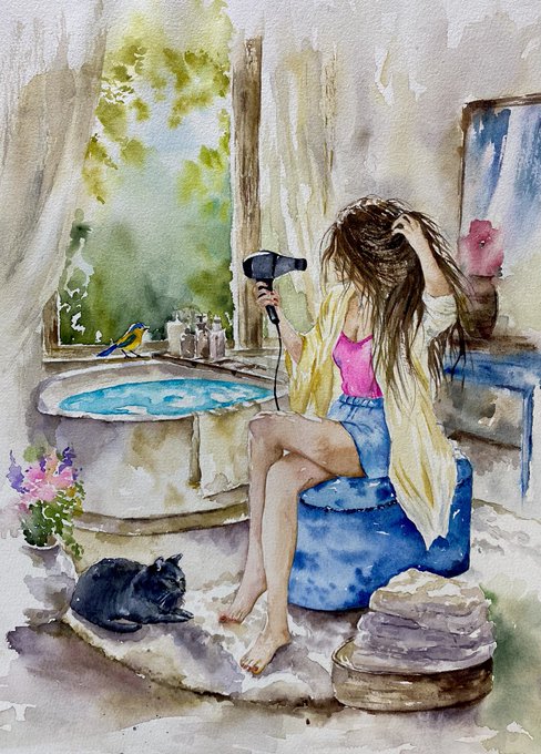 A watercolor painting depicts a woman with long hair drying it with a hair dryer while seated on a blue stool beside a bathtub, with a black cat resting on the floor nearby.