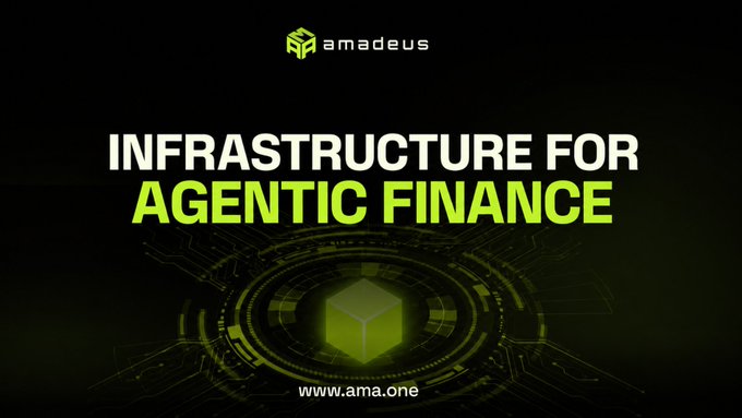 A promotional banner with the Amadeus logo featuring the text "INFRASTRUCTURE FOR AGENTIC FINANCE" in green and white over a dark, tech-themed background with a cube graphic, displaying the URL www.ama.one.