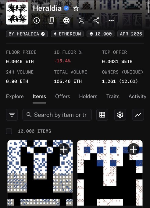The image shows a screenshot of the "Heraldia" NFT collection on Ethereum, displaying a floor price of 0.0045 ETH with a sharp -15.4% drop in the last day, a top offer of 0.0031 WETH, and 10,000 total items with only 1,261 unique owners. The pixelated item previews and bearish metrics visually support the post's message about the collection being "nuked" due to insufficient bids supporting sellers.