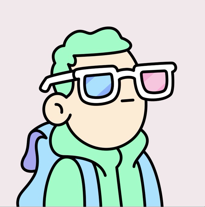 A minimalist cartoon illustration of a person with green hair and a green hoodie, wearing distinctive white-framed glasses with one blue and one pink lens, set against a pale pink background.