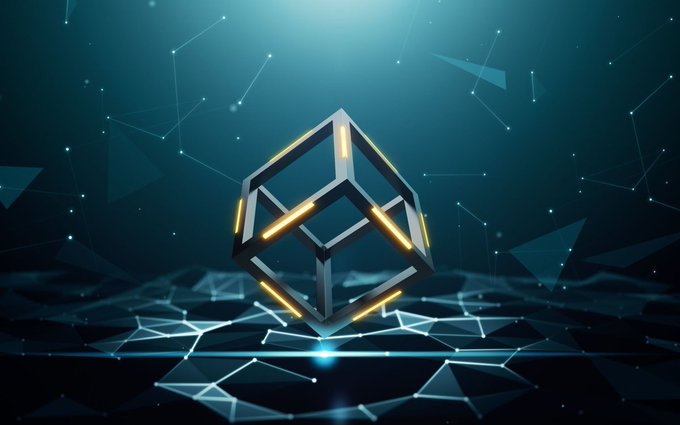 A 3D rendering of a futuristic metallic cube with glowing orange accents hovering over a polygonal grid surface against a dark blue background with network nodes.