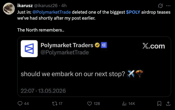 A screenshot of a tweet by @ikarusz26 showing a deleted post from @PolymarketTrade that teased "should we embark on our next stop? ✈️☂️" with 14K views, captioned "The North remembers.." — illustrating the user's frustration over Polymarket's teased but unfulfilled $POLY airdrop promises.
