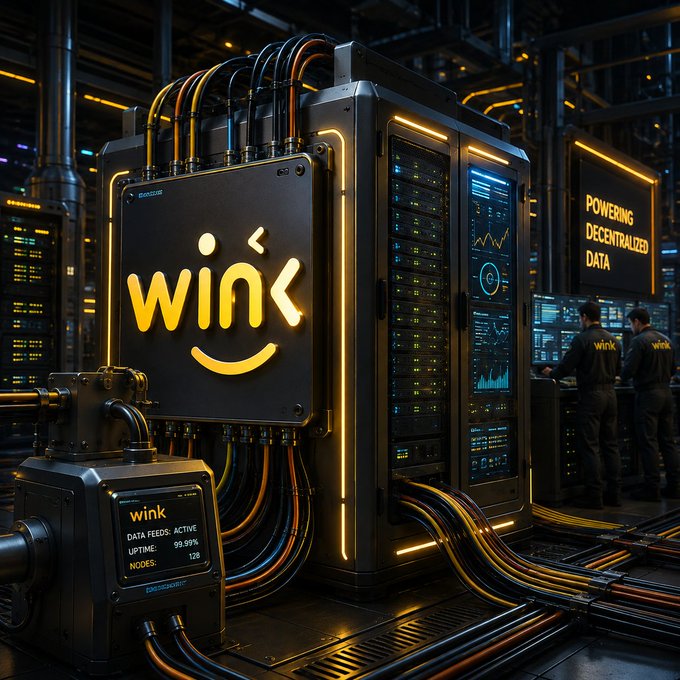 A massive industrial data server emblazoned with a glowing yellow "WINk" logo dominates the scene, with a side panel reading "DATA FEEDS: ACTIVE, UPTIME: 99.99%, NODES: 128" while technicians in WINk-branded uniforms monitor "POWERING DECENTRALIZED DATA" displays nearby—visually reinforcing the message that WINkLink's oracle network reliably delivers real-time pricing data as the essential backbone for synthetic assets and derivatives.