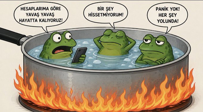 A cartoon shows three frogs sitting in a pot of water over a fire (the "boiling frog" metaphor), with one checking a phone saying "HESAPLARIMA GÖRE YAVAŞ YAVAŞ HAYATTA KALIYORUZ!" (According to my accounts, we're slowly staying alive!), another sensing something with "BİR ŞEY HİSSETMİYORUM!" (I don't feel anything!), and the third calmly stating "PANİK YOK! HER ŞEY YOLUNDA!" (No panic! Everything is fine!)—perfectly capturing the meme's theme of investors repeatedly buying the dip across years and timeframes only to remain in the red.