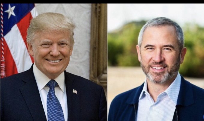 Side-by-side portraits of Donald Trump (left, smiling in a suit with American flag background) and an unidentified bearded man (right, in a navy jacket).